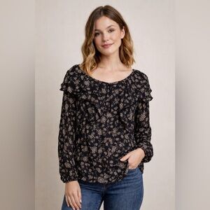 Hinge Black Floral Ruffle Blouse Size Medium Long Sleeve Sheer Peasant Top